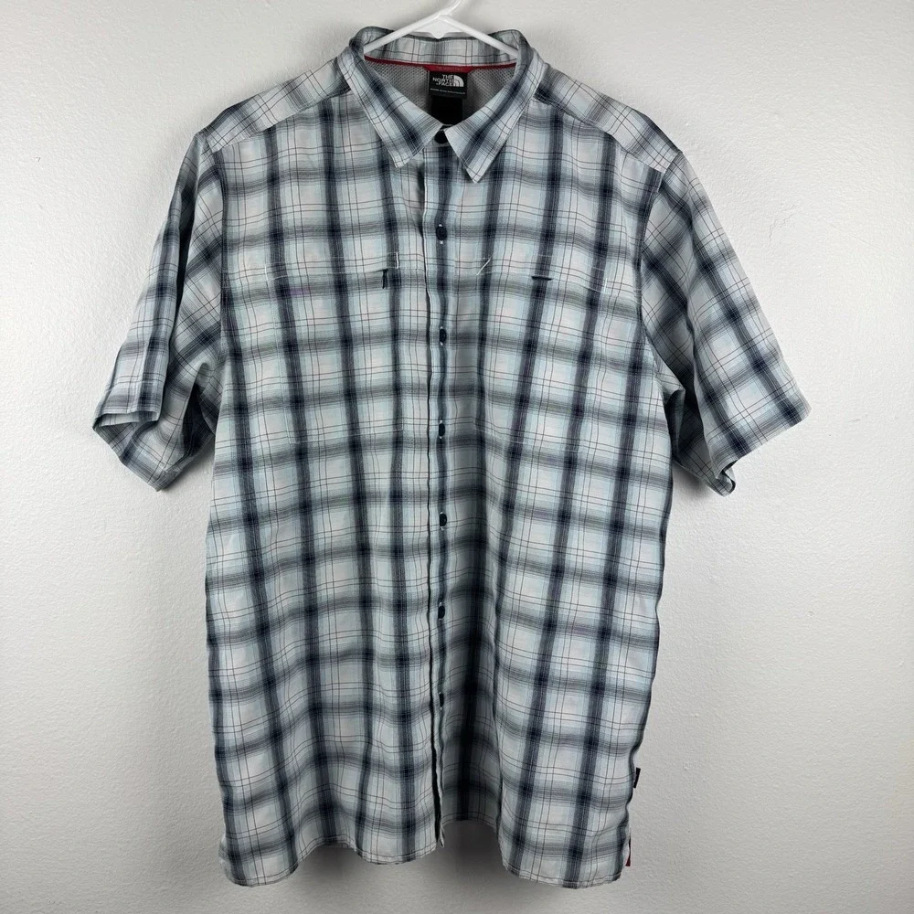 THE NORTH FACE‎ Mens short sleeve Modal blend zip BLUE plaid button shirt - L